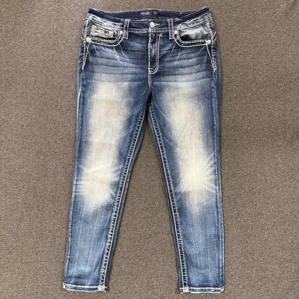 Y2K Miss Me Skinny Jeans Womens 31 Blue Excellent Embellished Thick Stitch